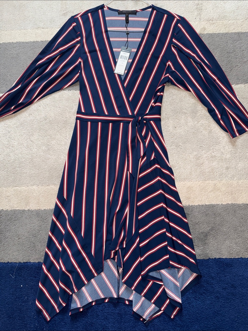 BCBGMaxAzria Navy, Red & White Striped Asymmetrical Wrap Dress